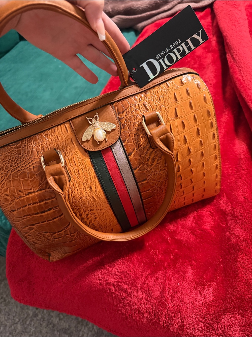 Croc-Embossed Tan Satchel with Bee Accent and Striped Detail